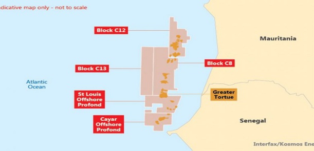 Cette carte indique les points où sont découverts le gaz et le pétrole au Sénégal.