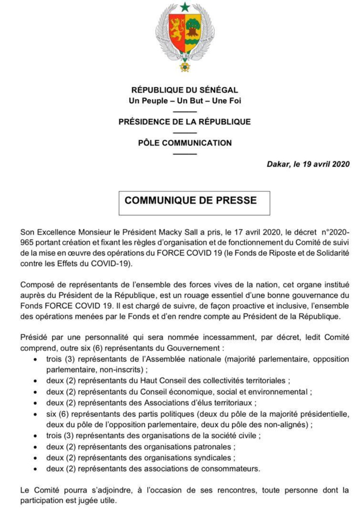 Comité de suivi de la mise en oeuvre des opérations de la force covid19 Sénégal.