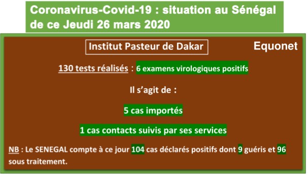 Coronavirus-Covid 19 : point de situation au Sénégal du jeudi 26 mars 2020