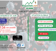 pandémie du coronavirus-covid-19 au sénégal : point de situation du vendredi 05 juin 2020
